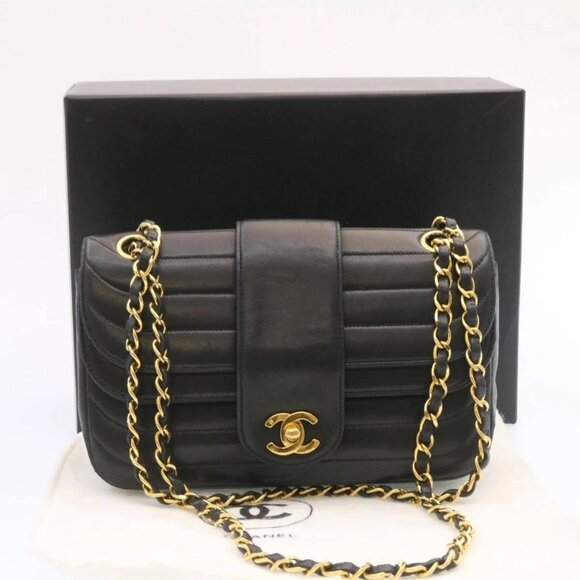 CHANEL Lamb Skin Double Flap Chain Shoulder Bag Black CC Auth - Picture 1 of 15